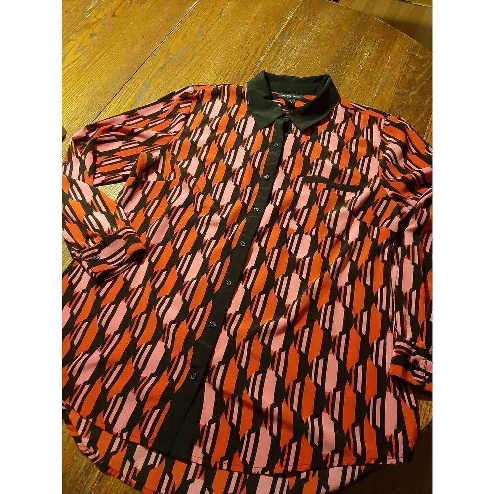 Large Valerie Stevens Long Sleeve Collared Button Front Pink Black Blouse Shirt